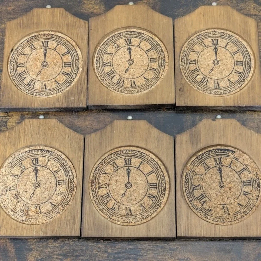 Vintage 1975‎ Enesco Wooden Clock Coaster Set Of 6 Retro Decor Wood Cork